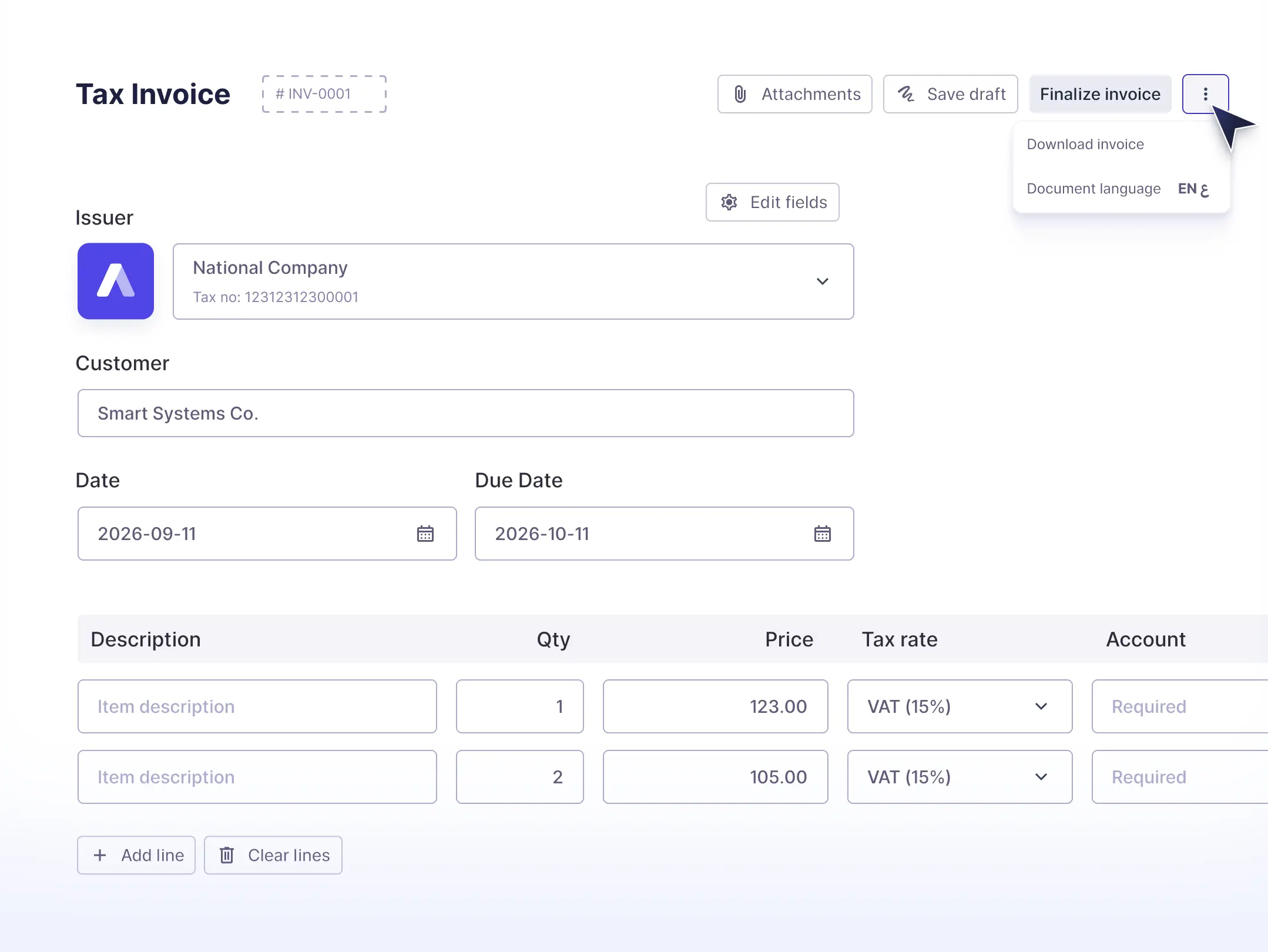 Wafeq app Creating a tax invoice in Wafeq, with issuer, customer and line item fields